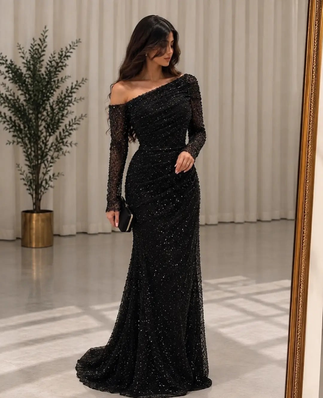 Sequined Asymmetrical Gown with Side Train