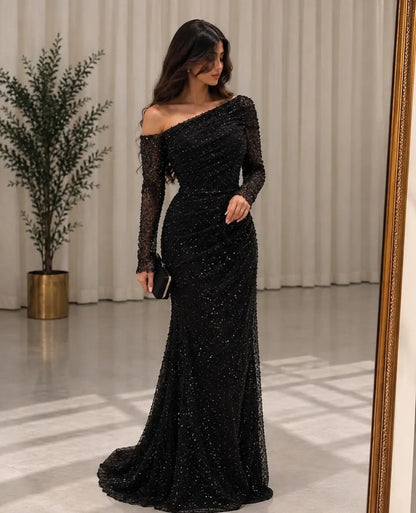 Sequined Asymmetrical Gown with Side Train