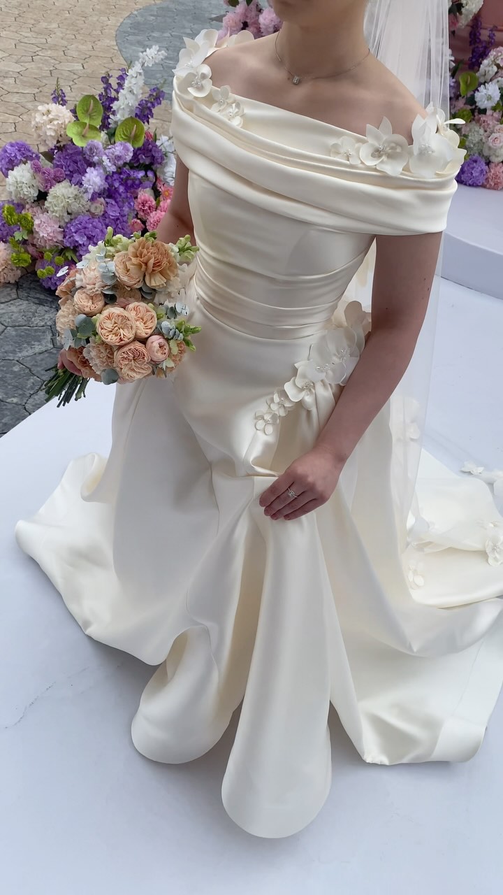 Off-the-Shoulder 3D Floral Ruched Satin Wedding Dress