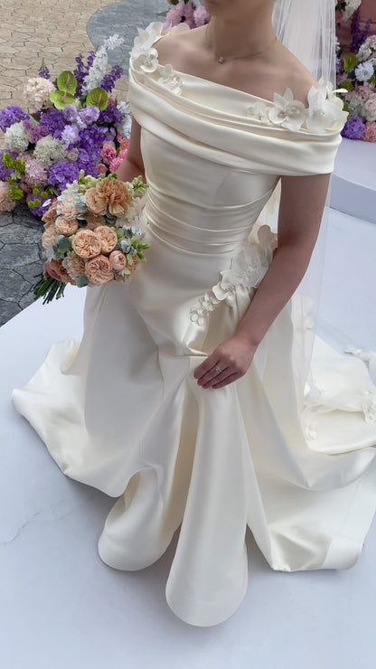 Off-the-Shoulder 3D Floral Ruched Satin Wedding Dress