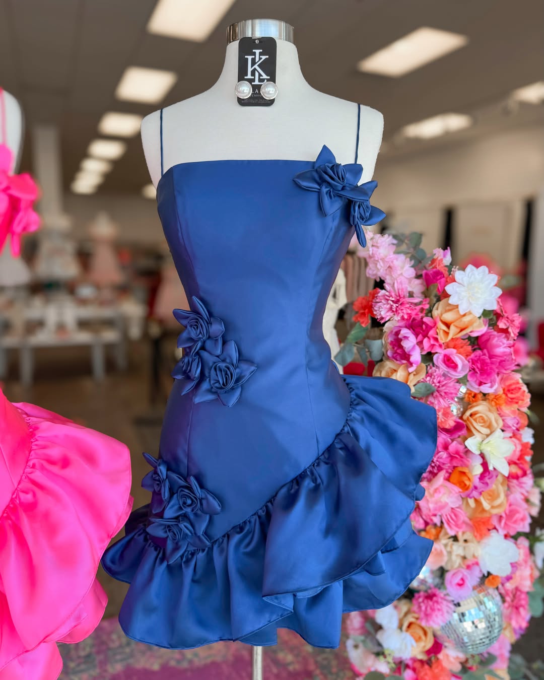 Satin Mini Dress with 3D Flowers & Ruffle Hem