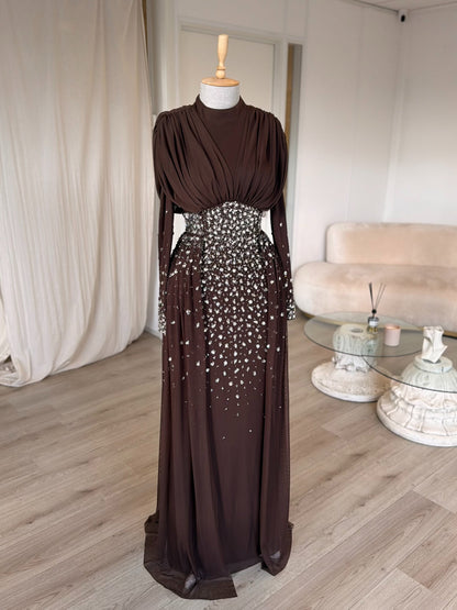 High-Neck Rhinestone Gown with Draped Bodice