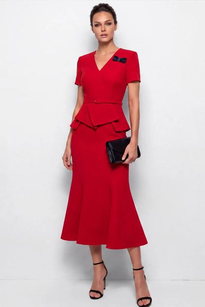 Peplum Midi Dress with Belt and Bow Detail