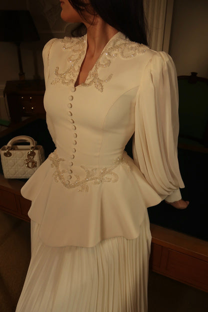 Peplum Evening Gown with Bishop Sleeves