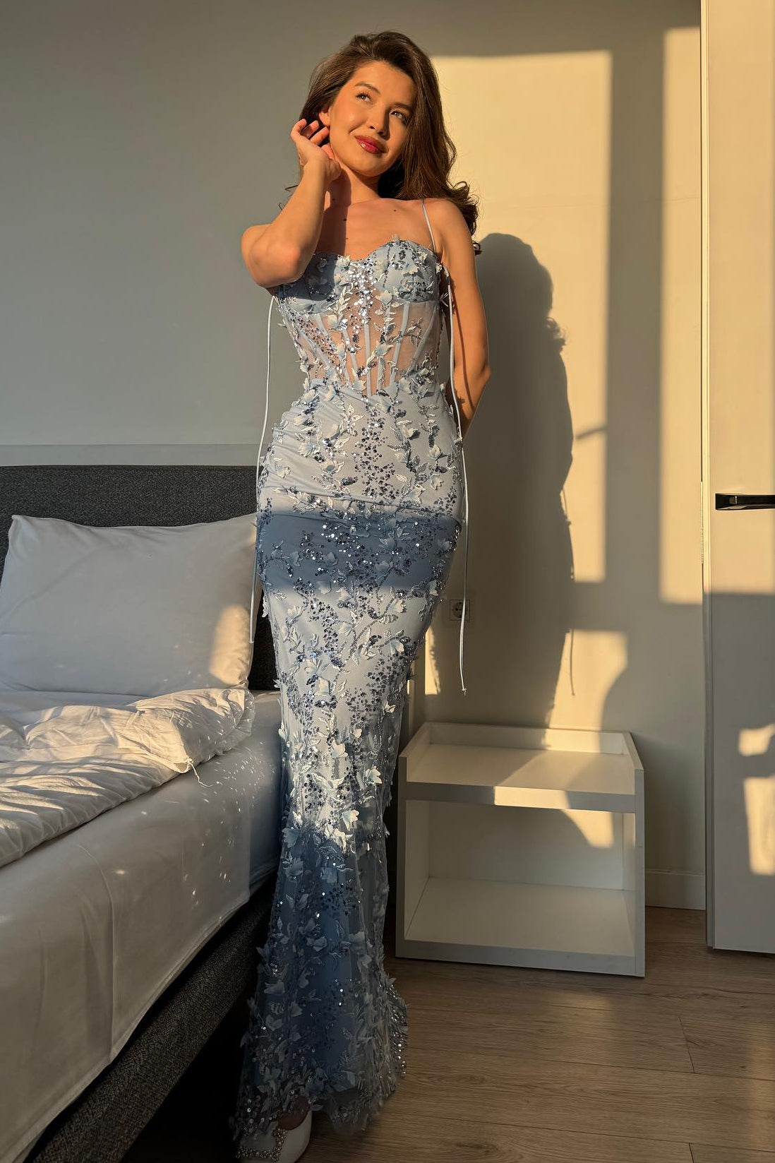 Floral Applique Corset Mermaid Evening Gown