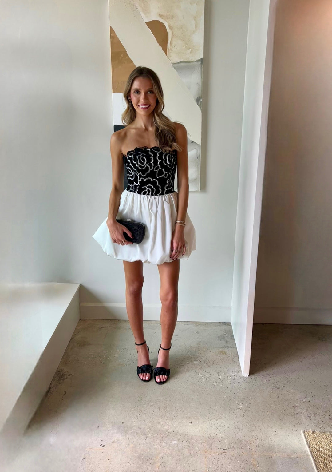 Strapless Floral Bodice Bubble Hem Mini Dress