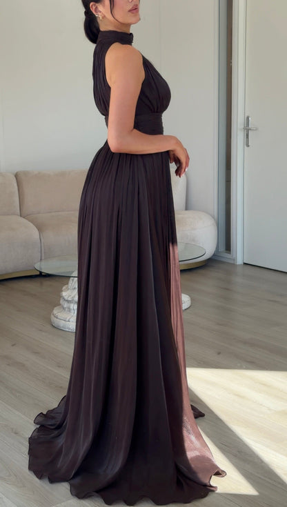 Pleated High-Neck Sleeveless A-Line Gown