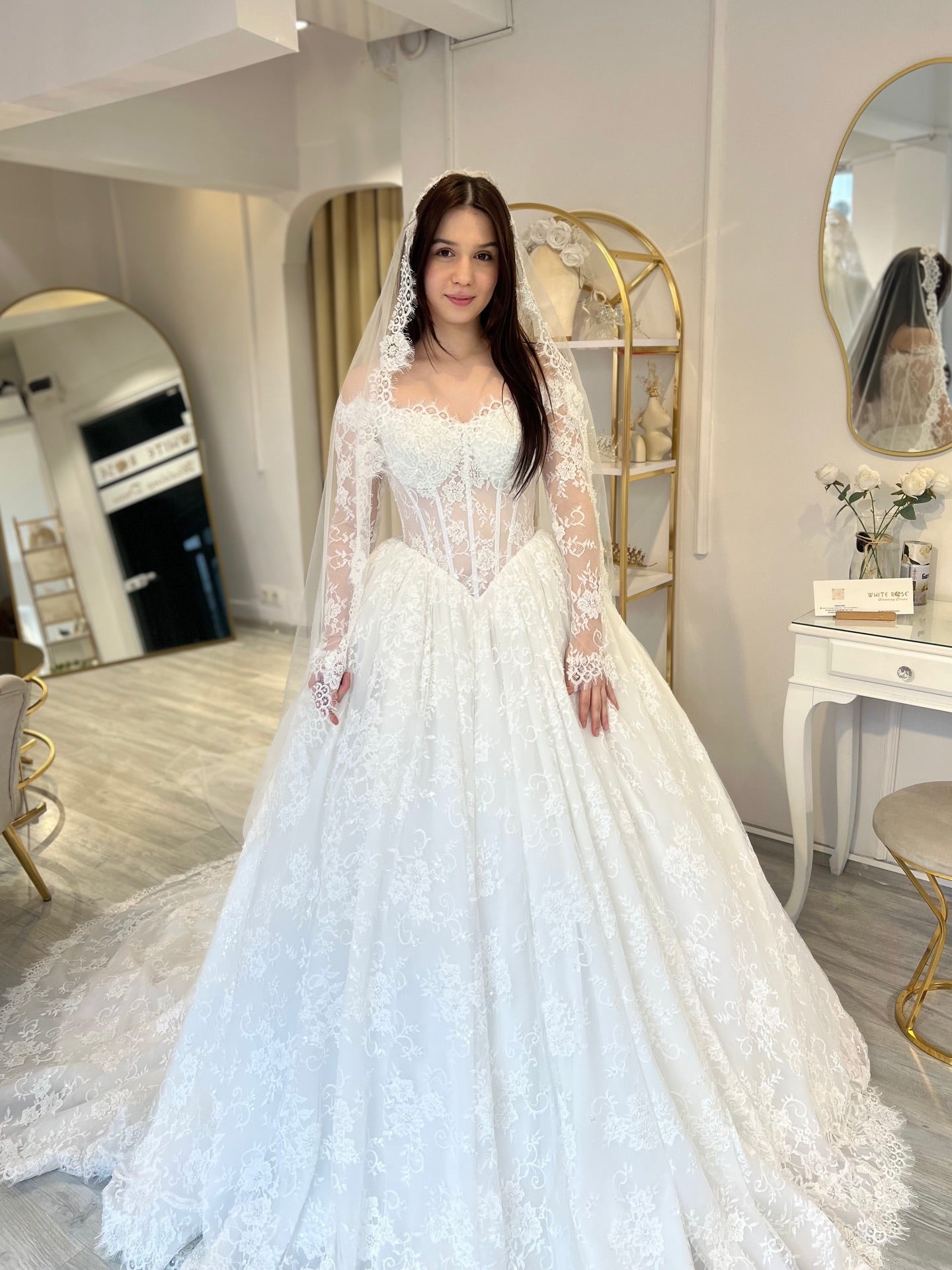 Off-Shoulder Lace Corset Ball Gown Wedding Dress