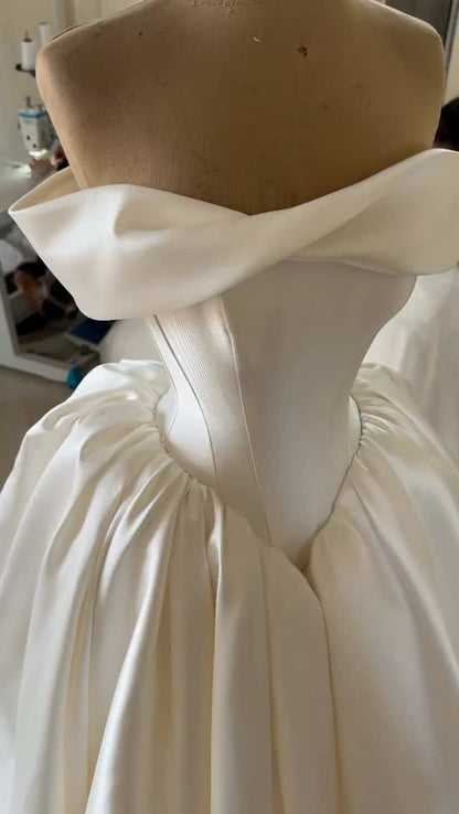Off-Shoulder Draped Bodice Ball Gown Wedding Dress