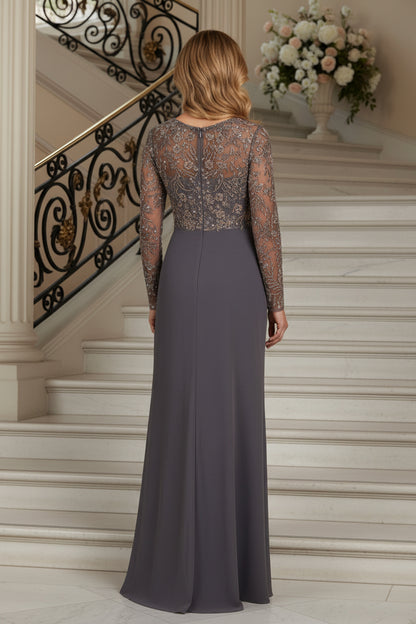 Illusion Long Sleeve Beaded Crepe Gown
