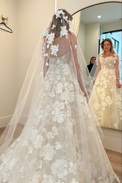 Strapless A-Line Floral Lace Wedding Dress