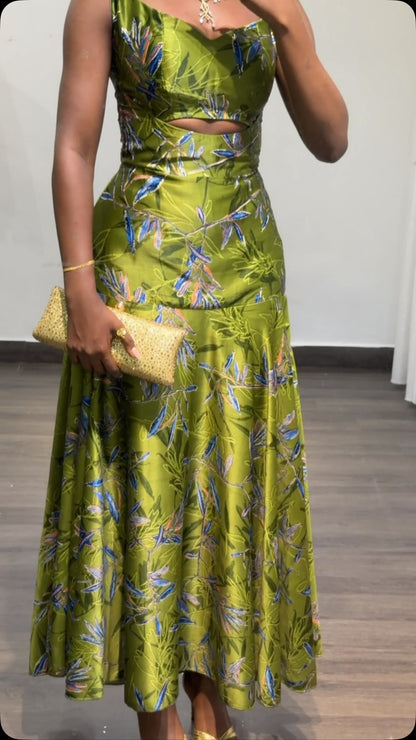 Floral Cut-Out Drop-Waist Midi Dress