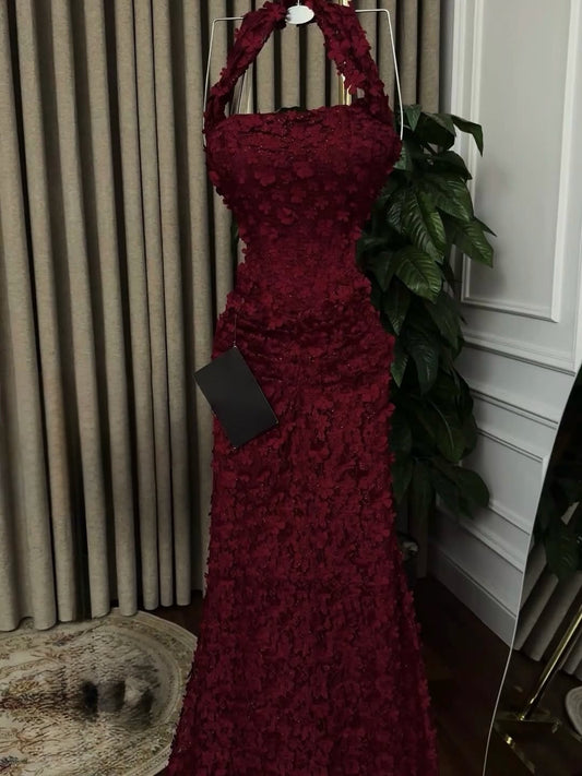 Floral Applique Halter A-Line Evening Gown