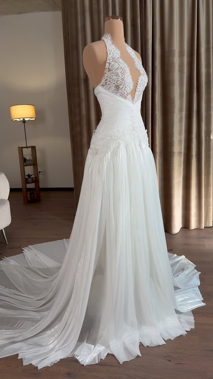 Halter Lace Bodice Pleated A-Line Wedding Dress