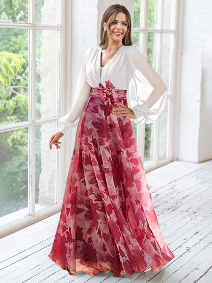 Elegant Floral Print Long Sleeve A-Line Gown