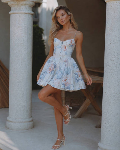 Floral Print Mini Dress with Lace-Up Back