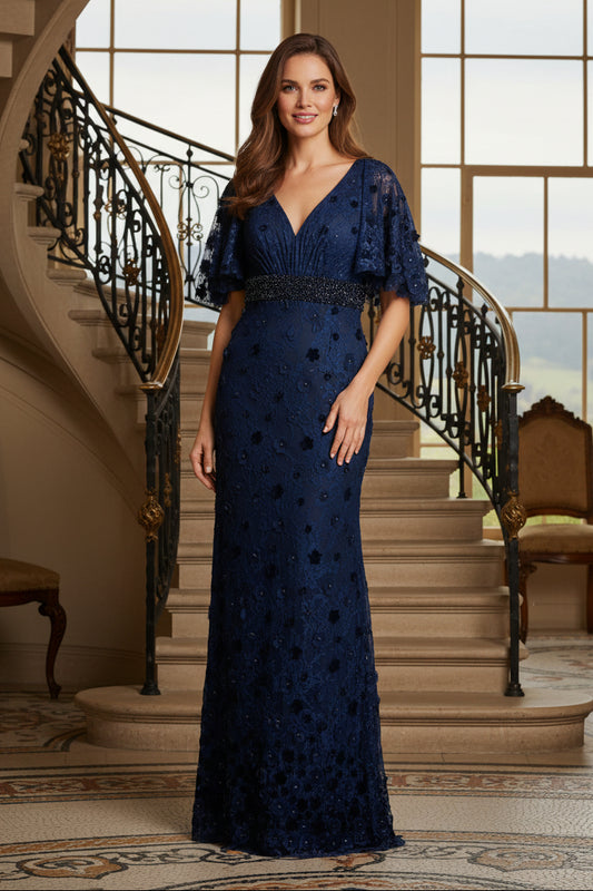Elegant V-Neck Lace Gown with Flutter Sleeves