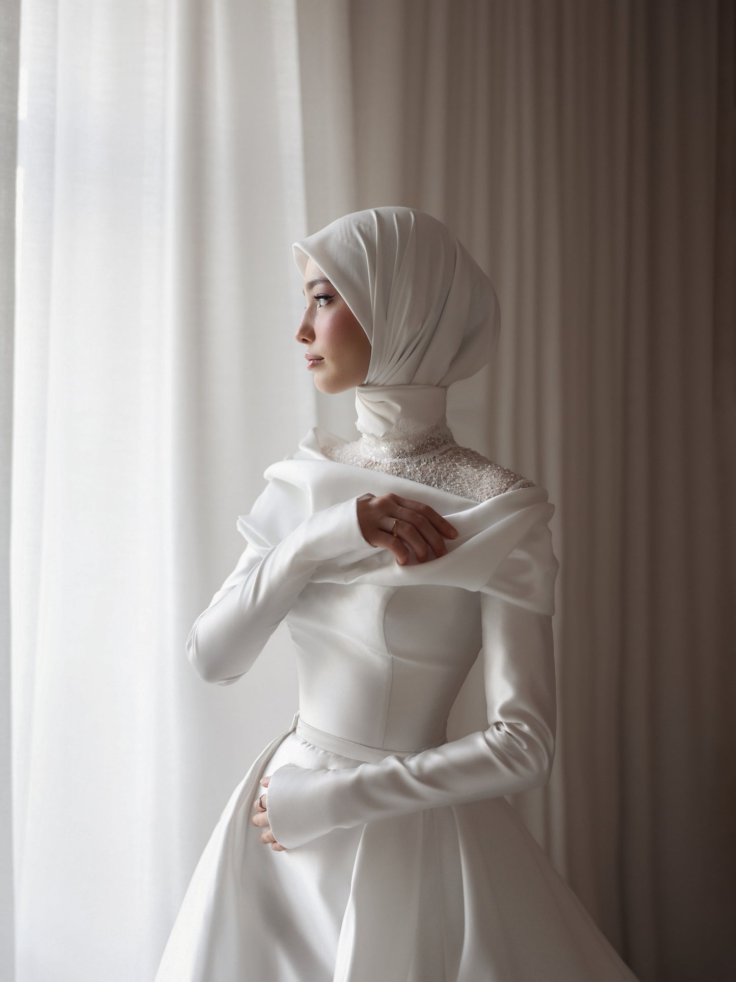 High-Neck Long Sleeve Satin Ball Gown Wedding Dress