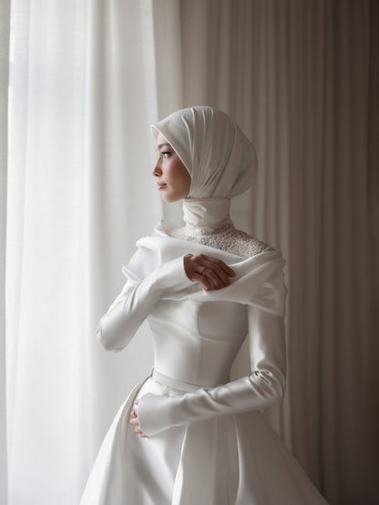 High-Neck Long Sleeve Satin Ball Gown Wedding Dress