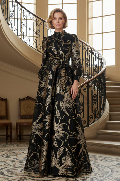 Floral Jacquard High-Neck Long Sleeve Maxi Dress