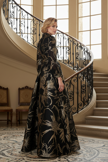 Floral Jacquard High-Neck Long Sleeve Maxi Dress