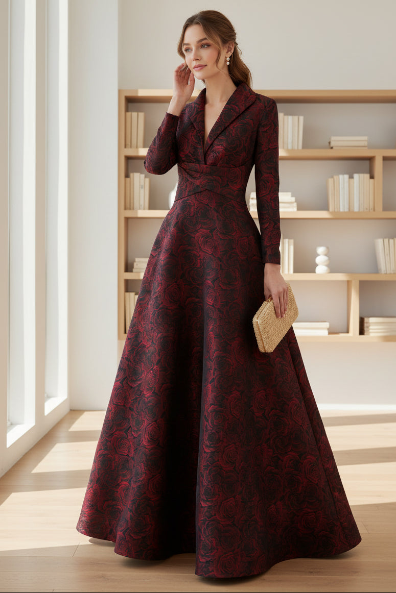 Red Rose Jacquard Long Sleeve A-Line Floor-Length Evening Gown | Mother of the Bride Dress