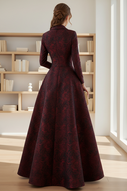 Red Rose Jacquard Long Sleeve A-Line Floor-Length Evening Gown | Mother of the Bride Dress