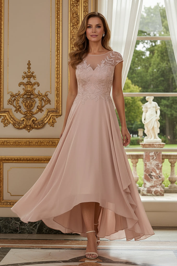 Embroidered Illusion High-Low Chiffon Gown