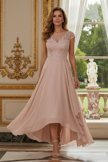 Embroidered Illusion High-Low Chiffon Gown
