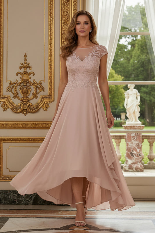 Embroidered Illusion High-Low Chiffon Gown