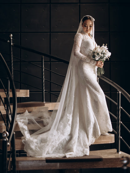 High Neck Long Sleeve Lace Trumpet Wedding Dress