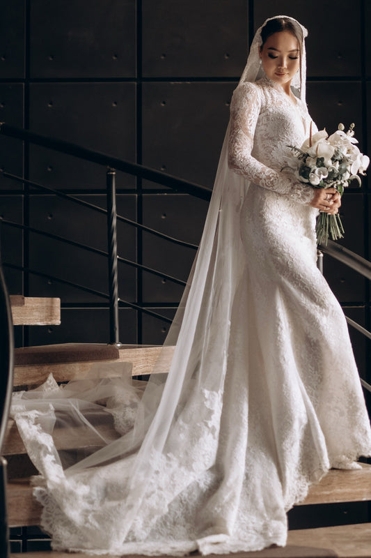 High Neck Long Sleeve Lace Trumpet Wedding Dress