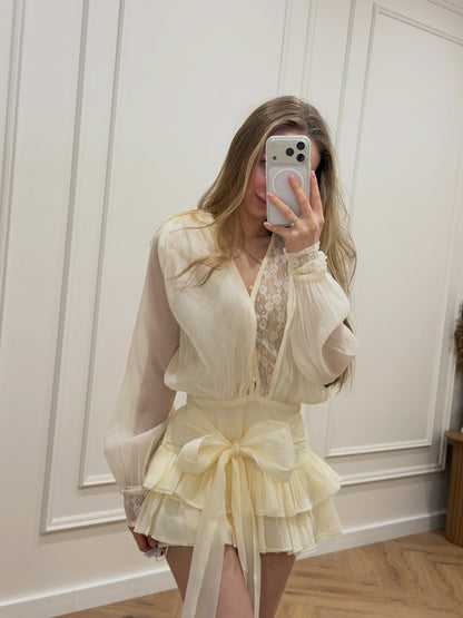 V-Neck Tiered Ruffled Mini Dress with Lace Details