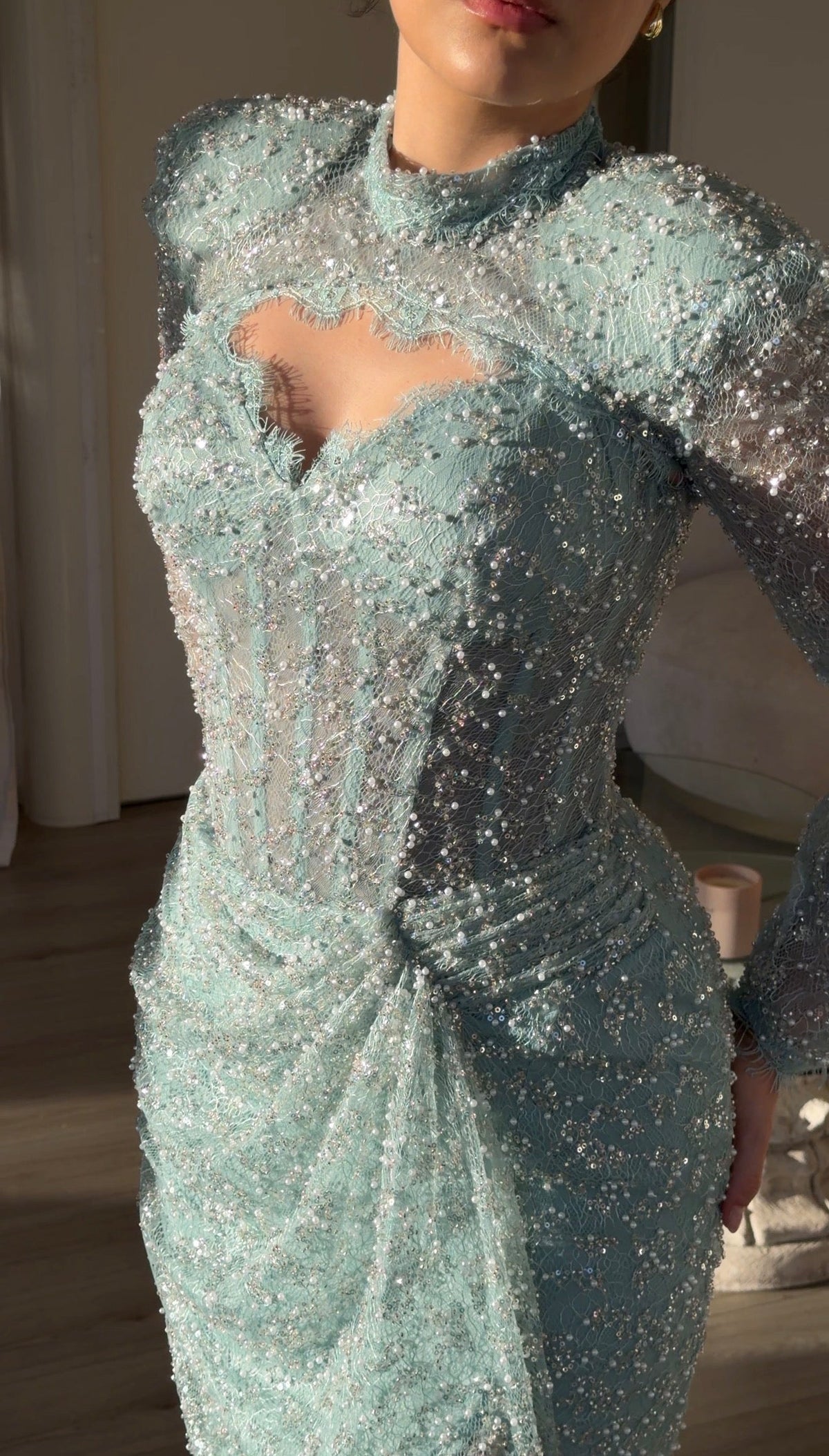 Beaded Cutout High Neck Long Sleeve Evening Gown