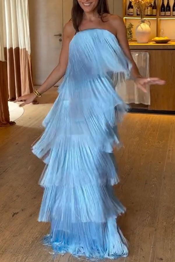 Strapless Tiered Fringe Maxi Gown