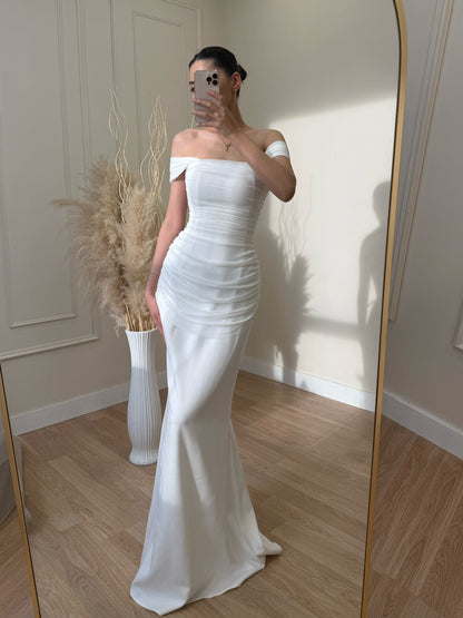 Off-Shoulder Ruched Sheath Wedding Gown