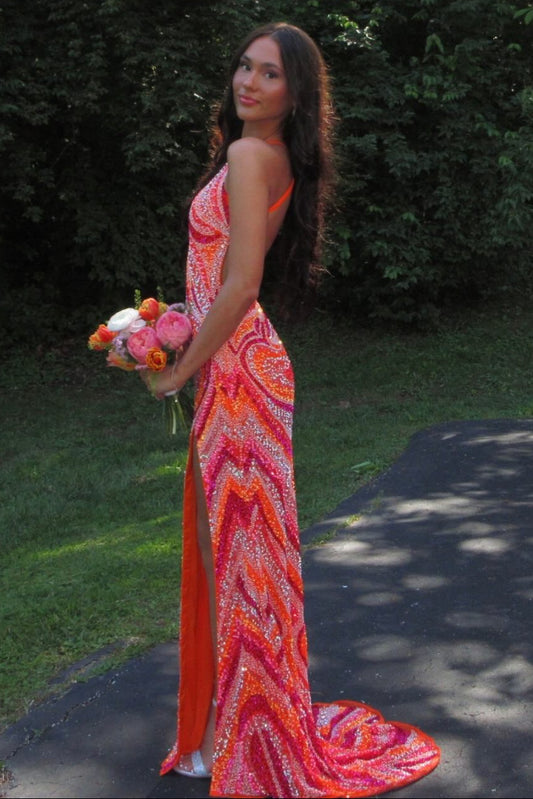 Patterned Sequin Open Back Formal Gown