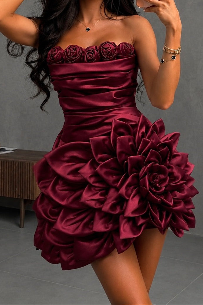 Strapless Ruched Mini Dress with 3D Floral Accents