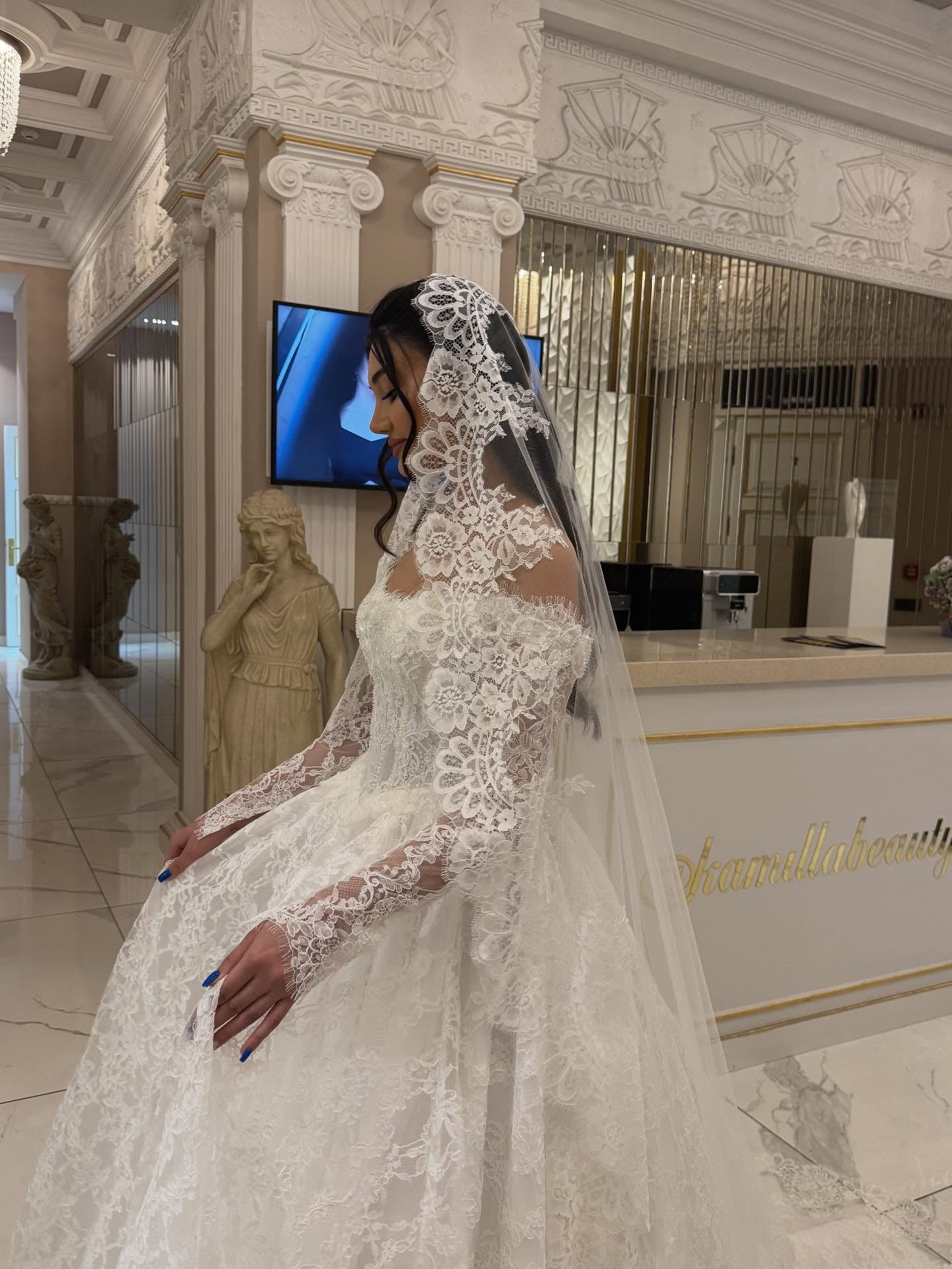 Off-the-Shoulder Lace Long Sleeve Ball Gown Wedding Dress