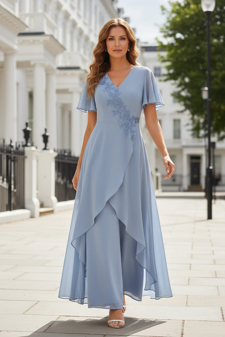 Embroidered Chiffon Jumpsuit with Draped Overskirt