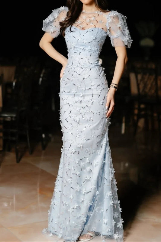 3D Floral Applique Illusion Mermaid Evening Gown