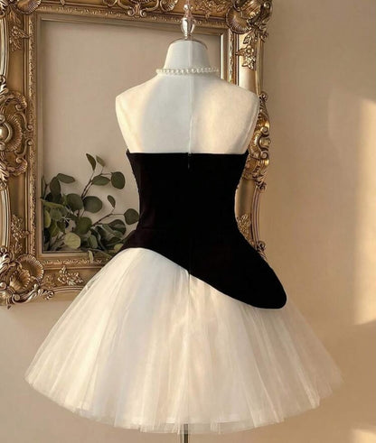 Asymmetrical Strapless Tulle Mini Dress with Rhinestones