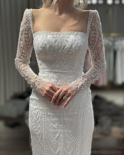 Square Neck Beaded Long Sleeve Column Gown