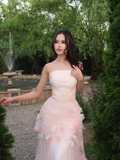 Strapless 3D Floral Tulle Mermaid Prom Gown