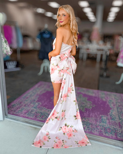 Strapless Floral Mini Dress with Bow Train