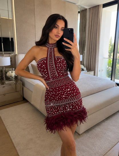 Beaded Halter Mini Dress with Feather Hem
