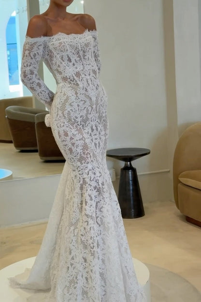 Off-the-Shoulder Lace Long Sleeve Mermaid Gown