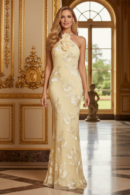 Halter Floral Applique Floor-Length Gown