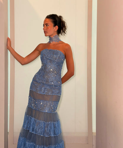 Embellished Lace Tiered Evening Gown