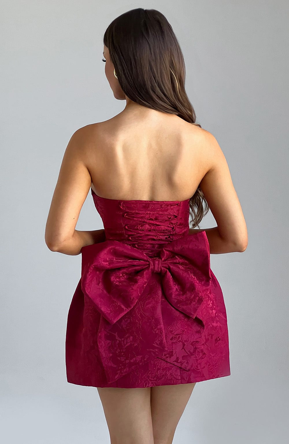 Strapless Jacquard Corset Mini Dress with Bow